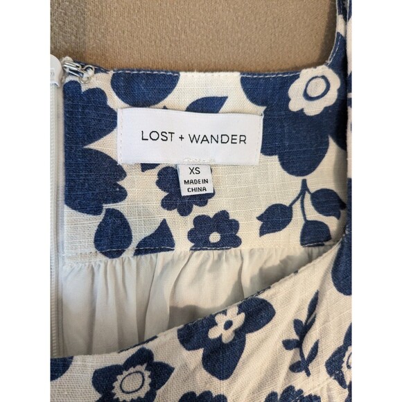 Lost + Wander Womens Floral Print Sun Dress Blue White Linen Blend Size XS - Picture 4 of 6
